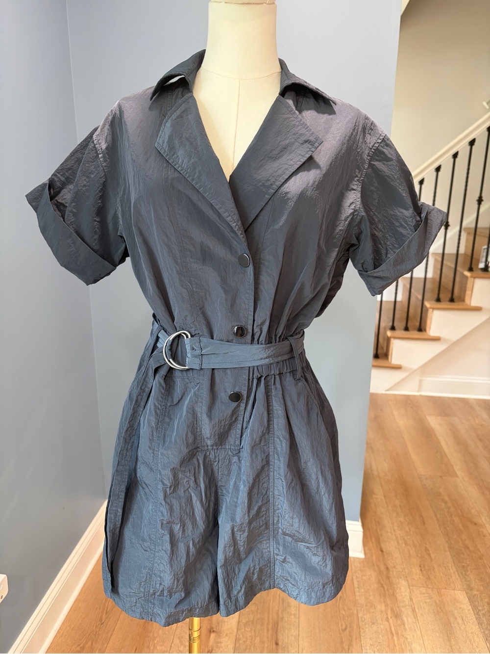 Varley Belle Boxy Playsuit Romper Slate Blue Gray Belted Utility XXS